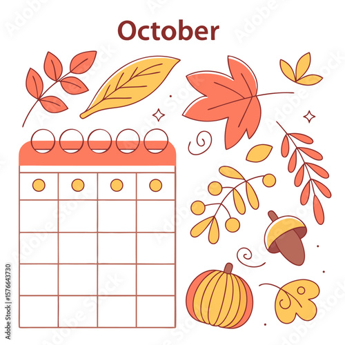 Cute cartoon illustration of an october calendar with fall leaves a pumpkin and an acorn representing autumn planning and seasonal events