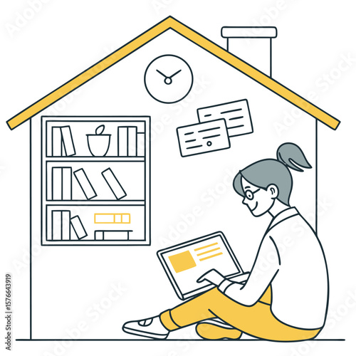 A young woman wearing glasses and a ponytail sits on the floor inside a house outline using a tablet with a bookshelf and clock on the wall