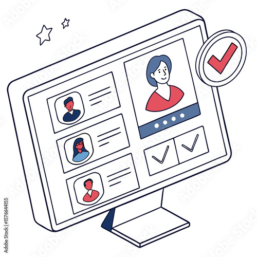 Modern isometric illustration of a computer screen displaying a list of user profiles with a prominent checkmark indicating selection for a job or task