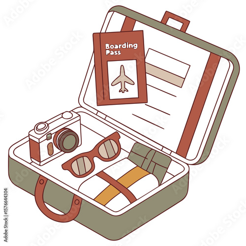 An open travel suitcase filled with essentials for a journey including a camera sunglasses clothes and a boarding pass with an airplane illustration