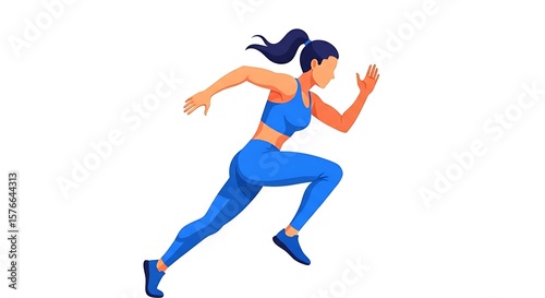 Flat cartoon woman running outdoors in athletic gear, fitness and health concept.