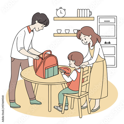 A father and mother help their child pack a backpack and prepare for school in a kitchen setting with a clock and shelves in the background