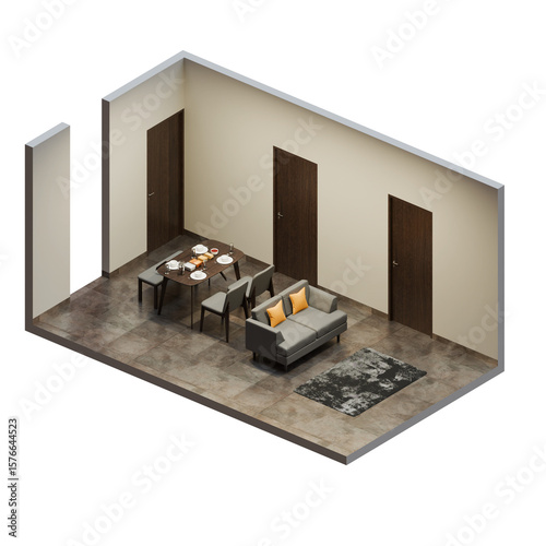 Isometric Open Space Interior Dining Living Room 3D Render Illustration
