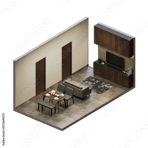 Isometric Open Space Interior Living Dining Room 3D Render Illustration