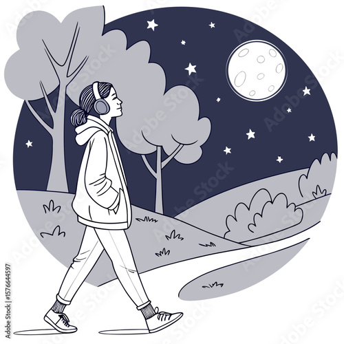 A young woman with headphones enjoys a peaceful nighttime walk through a park under a starry sky and a bright full moon