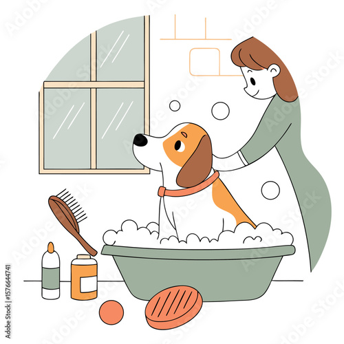 A friendly young woman gently washes her happy dog in a bathtub filled with bubbly soap and water surrounded by grooming supplies
