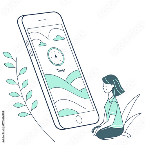 A young woman sits peacefully beside a large smartphone displaying a timer and a serene landscape with clouds and rolling hills surrounded by delicate plant sprigs