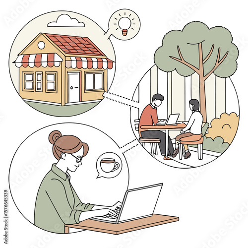 Diverse individuals collaborate and brainstorm ideas remotely connecting through technology and shared workspaces for business and creative endeavors