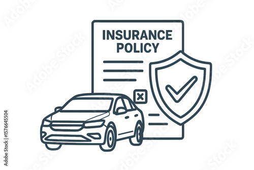 Car insurance policy icon. Auto protection and security concept. Vehicle safety shield symbol. Automobile insurance agreement document. Financial guarantee and claim service.