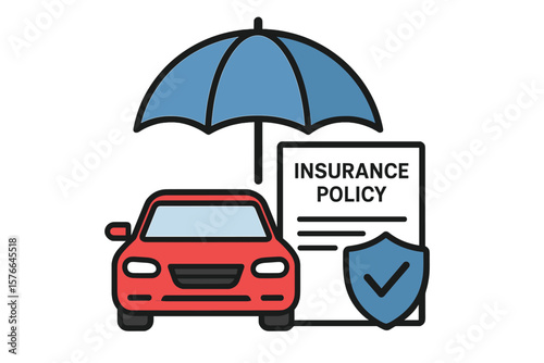 Car insurance concept. Auto under protective umbrella. Vehicle protection and safety. Insurance policy document, shield with checkmark. Financial security, guarantee vector.