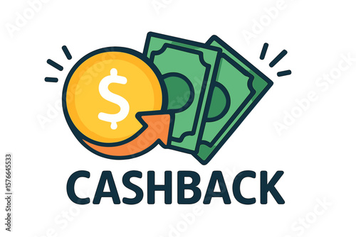 Cashback loyalty program concept for saving money. Money refund service icon. Bonus cash back symbol with coin and dollar bills. Financial reward vector illustration.