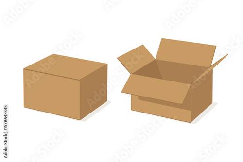 Carton delivery packaging box mockup. Realistic open and closed cardboard boxes for shipping, moving or storage. Vector illustration template of a brown paper parcel container.