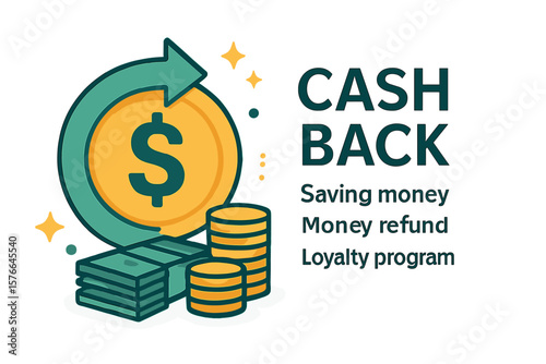 Cashback money refund icon. Saving money concept. Loyalty program promotion bonus. Financial reward symbol. E-commerce shopping transaction. Vector illustration isolated.
