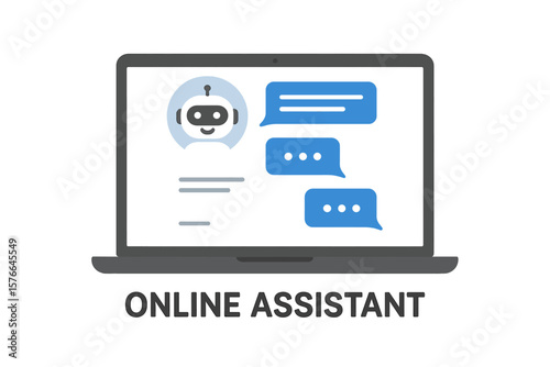 Chatbot icon on laptop screen. Online virtual assistant for customer service and support. AI bot technology concept. Dialogue with robot, messaging, communication vector.