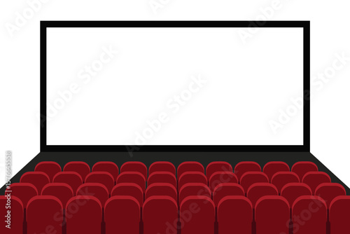 Cinema movie theater with a blank white screen and empty red seats. Auditorium hall for film premiere or presentation. Stage background vector illustration with copy space for text.