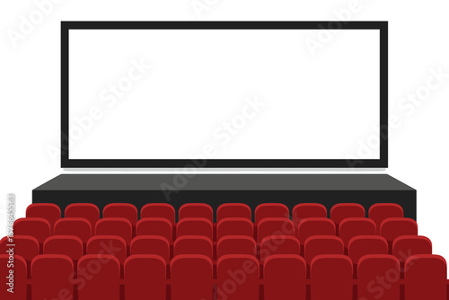 Cinema movie theater with blank screen and red chairs for presentation. Empty stage for film premiere. Auditorium interior for event. Vector illustration with copy space.