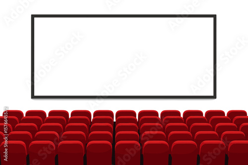 Cinema movie theater with blank white screen and rows of red seats. Empty auditorium hall for film premiere or presentation. Mockup background with copy space for design.