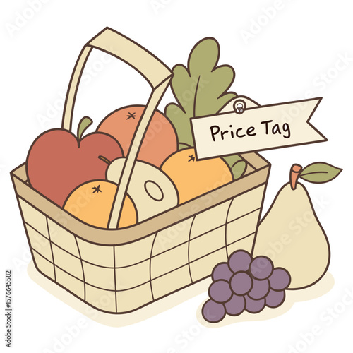 Illustration of a basket filled with various fruits including apples oranges and pears with a price tag