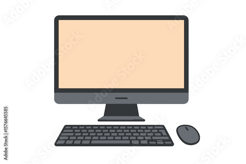 Desktop computer monitor with keyboard and mouse front view. Modern PC workstation with blank empty screen for mockup or copy space. Technology device, office equipment vector.