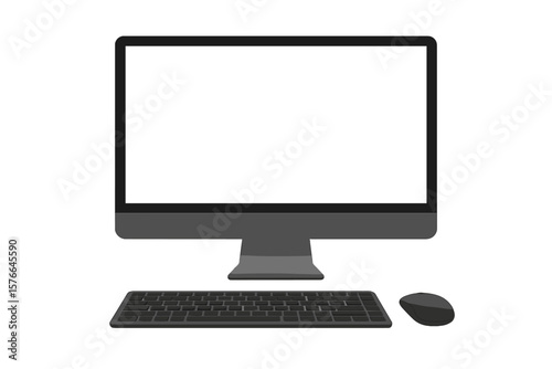 Computer monitor mockup front view with keyboard and mouse. Blank white empty screen. Realistic vector illustration isolated on white. Technology device for presentation.