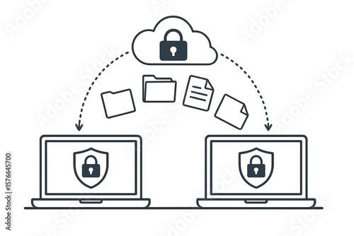 Secure file transfer and remote loading of files and folders between two laptops, exchanging encrypted data via cloud technology, illustrating data exchange and cybersecurity.