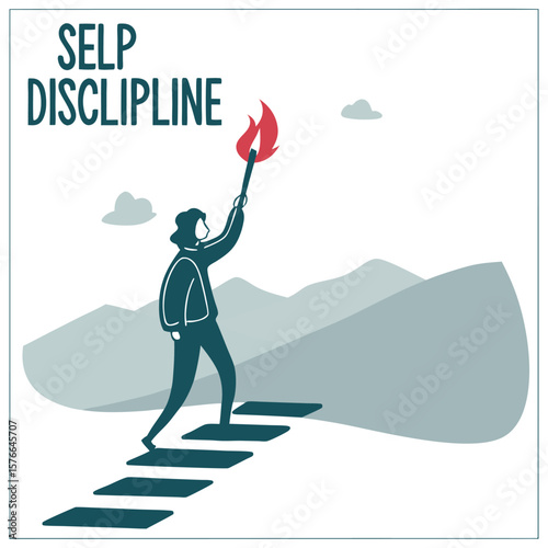 Person climbing stairs holding a torch with flame symbolizing self discipline and progress towards goals against a mountain landscape background