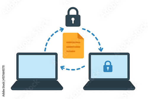 Secure file transfer concept. Encrypted data exchange between laptops. Document transmission and information backup. Network connection for P2P sharing. Digital privacy technology.