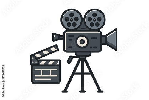 Retro movie camera with clapperboard for filmmaking and cinema production. Vintage cinematography equipment icon. Old film video recorder on tripod vector illustration.