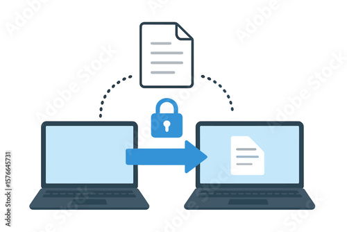 Secure file transfer concept. Data exchange between two laptops. Document transmission and information backup. Digital file sharing and synchronization over a network connection.