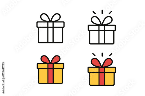 Gift box icon set. Vector line and color flat design. Present surprise for birthday, christmas, or holiday celebration. Special offer, bonus, reward, prize, giveaway concept.