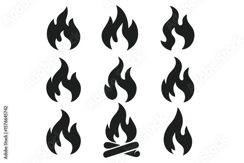 Fire flame icon set. Simple black graphic silhouette symbol collection. Bonfire, campfire, heat flare shapes. Flammable warning sign, hot sale, energy logo. Abstract blaze.