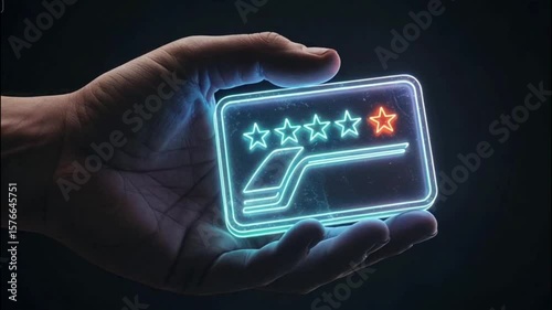 Hand holding a glowing neon train card with five stars