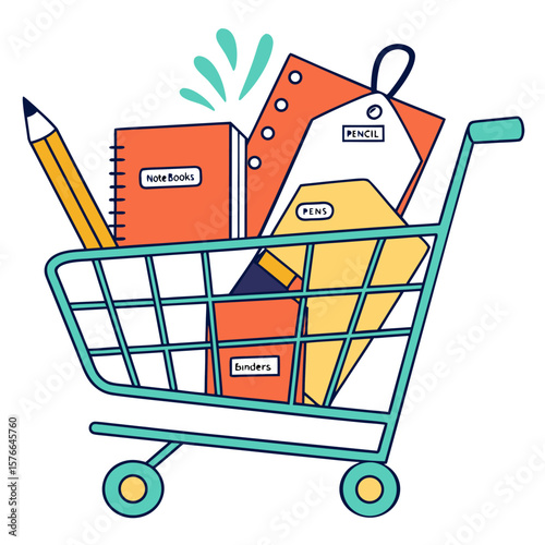 Shopping cart filled with school supplies including notebooks binders and writing instruments displayed