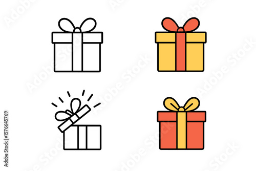 Gift box vector icon set. Present boxes collection with black thin line and flat color style. Open surprise gift. Holiday, birthday, celebration, anniversary, prize, giveaway.