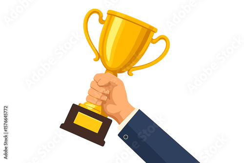Hand holding a golden trophy cup. Symbol of success, victory, and achievement. Business goal champion, leadership and winning concept. First place prize, sport award vector.