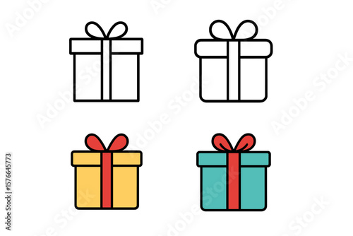 Vector gift box icon collection. Set of present boxes in thin line and colorful flat design styles. Symbol for birthday, Christmas, anniversary, giveaway, prize or surprise.