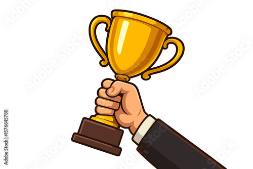 Hand in a suit holding a golden trophy cup. A symbol of success, victory, and championship. Concept for business goal achievement, leadership, winning, and first place award.