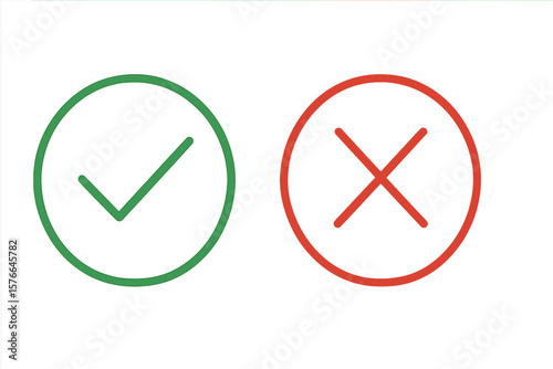 Green tick and red cross vector icons. Yes and no checkmark symbols. Correct and incorrect, right and wrong signs. Accept and reject or approved and disapproved buttons set.