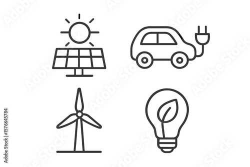 Green energy line icon set. Eco friendly concept. Renewable energy. Solar panel, sun, wind turbine, electric car charging, eco light bulb. Vector illustration on white.
