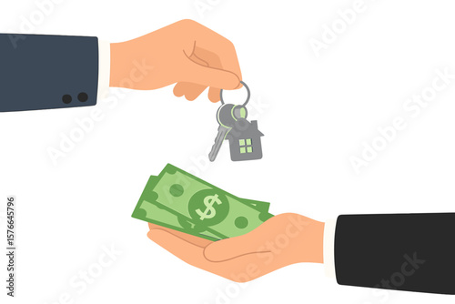 Real estate concept. Hand giving house keys and receiving money. Buying, selling or renting a house. Mortgage, credit, or property deal. Vector flat illustration.