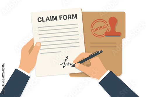 Businessman Signing Insurance Claim Form, Contract Agreement, Legal Document Approval, Office Folder with Stamp, Handwriting Signature, Paperwork Process, Vector Illustration