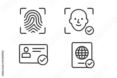 Identity verification icon set in line style, fingerprint, face recognition, ID card, voice recognition, DNA, passport, biometric authentication, web and mobile app security