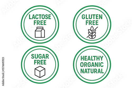 Lactose Free, Gluten Free, Sugar Free, GMO Free, Healthy Organic Natural Labels, Set of 4 Stickers for Common Allergens, Healthy Food Packaging, Organic Food Stickers