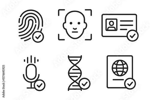Identity verification set of 6 web icons in line style, featuring fingerprint, face identification, ID card, voice recognition, DNA, and passport for web and mobile app authentication and security.