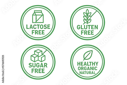 Lactose Free, Gluten Free, Sugar Free, GMO Free Stickers, Healthy Organic Natural Labels, Set of 4 Allergy-Free Food Icons, Common Allergen-Free Badges for Food Packaging
