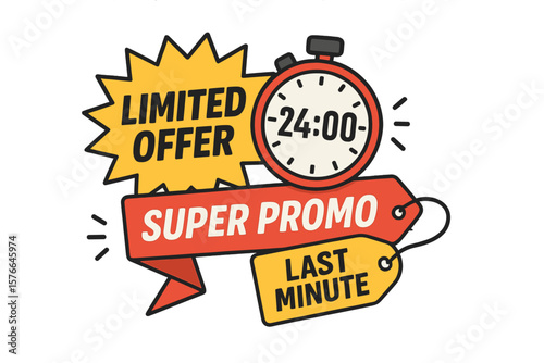 Limited Time Offer Banner with Countdown Clock, Super Promo Tag, Last Minute Sale Label, One Day Exclusive Deal, Flash Discount Timer, Urgent Promotion Graphic