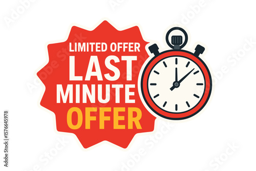 Last Minute Offer Promotion Banner with Stopwatch Icon, Limited Time Exclusive Deal, Flash Sale Countdown, Urgent One Day Sale Sticker, Special Discount Vector