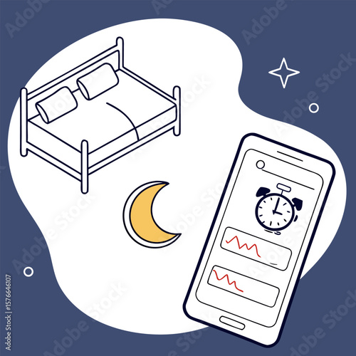 Illustration showing a bed, moon, star, and a smartphone displaying an alarm clock and graphs on screen