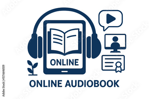 Online audiobook with headphones, distance education, e-learning, digital learning, podcast, webinar, tutorial, remote education, audio learning, educational technology