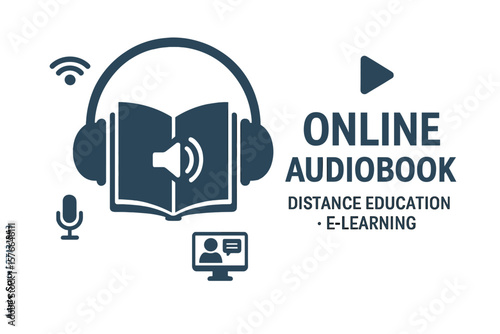 Online Audiobook Learning Concept, Headphones on Book, Distance Education, E-Learning, Podcast, Webinar, Tutorial, Remote Study, Digital Training, Vector Illustration